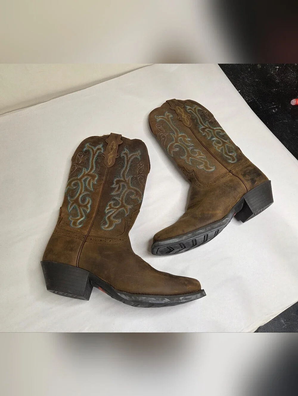 Justin Boots Brown Leather Western Cowboy Boots Embroidered Square Toe 8.5B